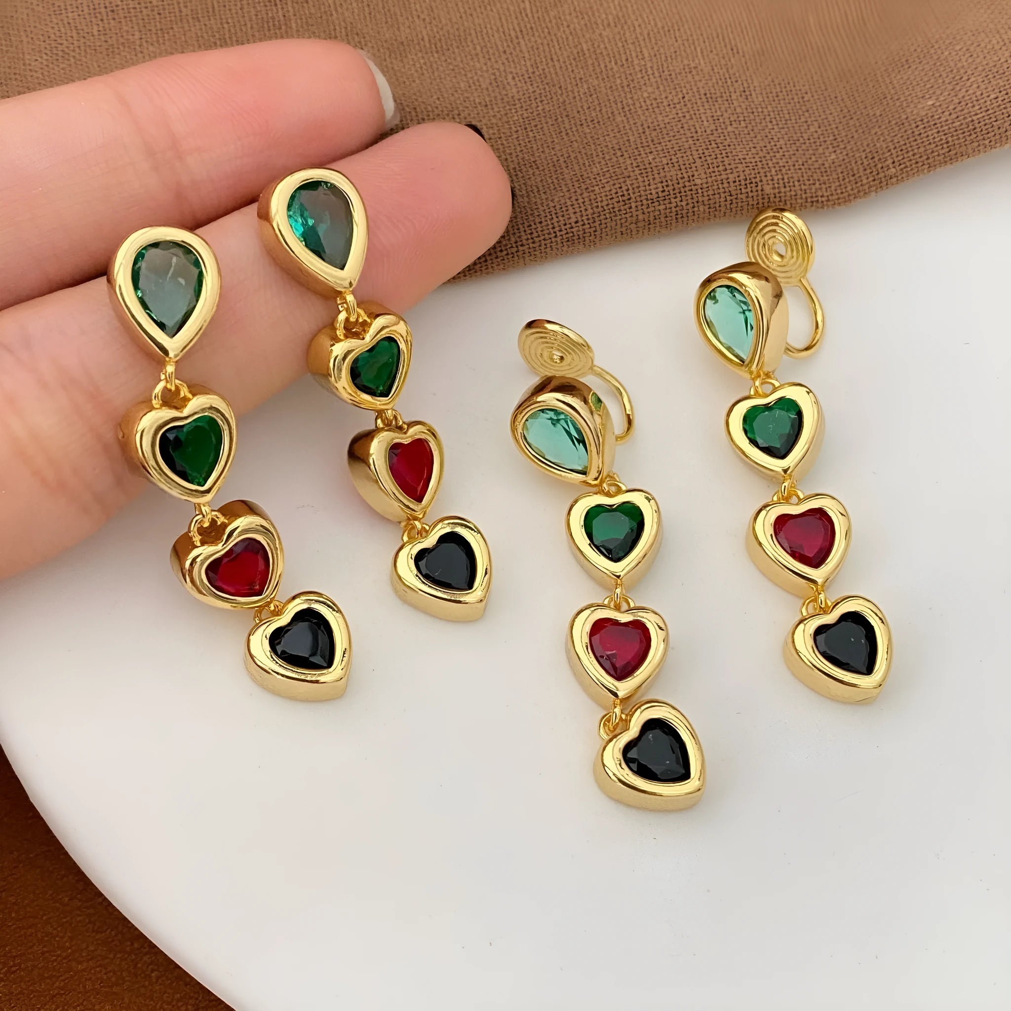 Heart pendant tassel ear clips in copper with inlaid zircon and European American style for women