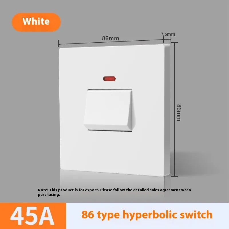 Curved rack high-power switch with light panel in gold, grey, or white for 25A/45A water heater and air conditioner circuits