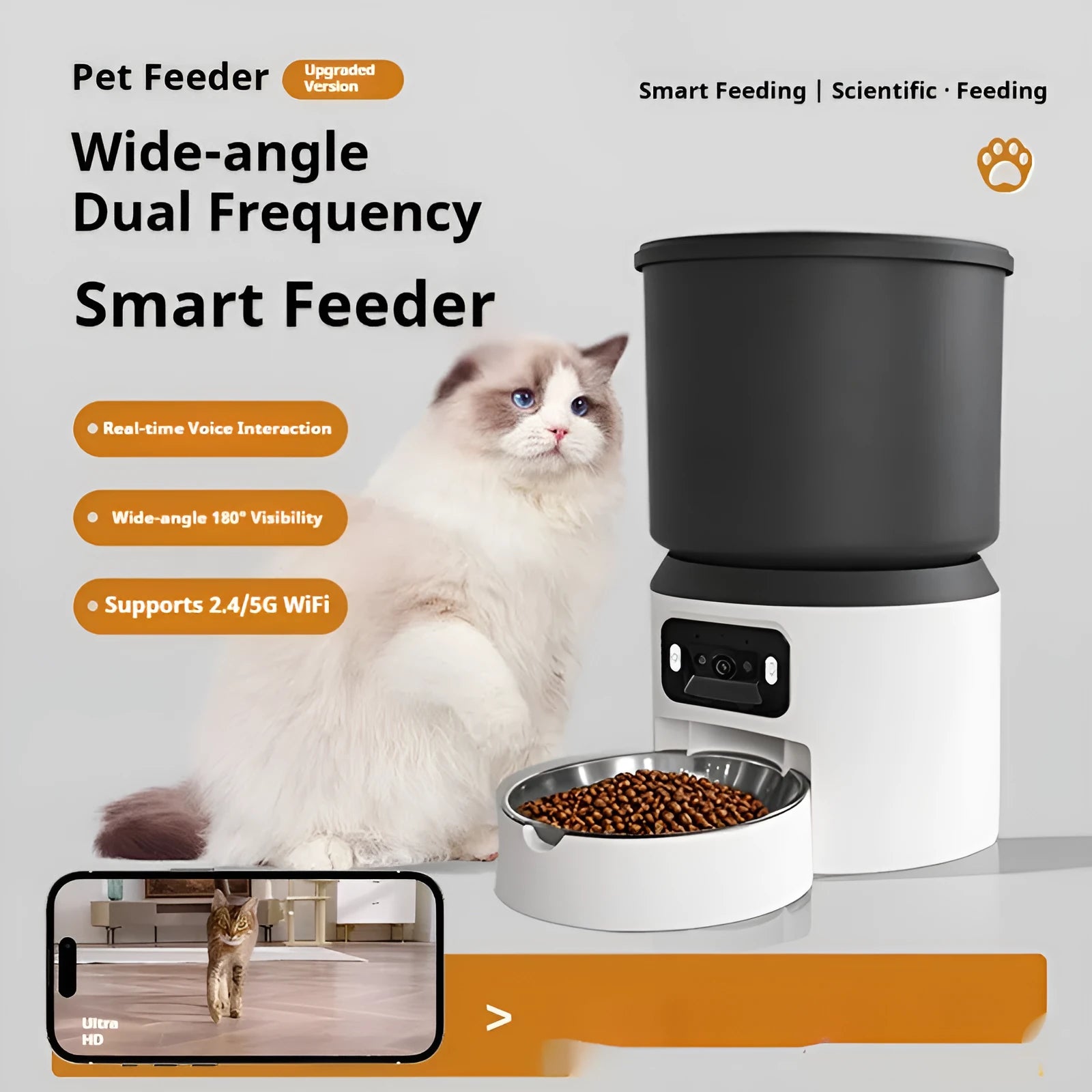4L smart pet feeder with wifi remote control and optional video monitoring camera