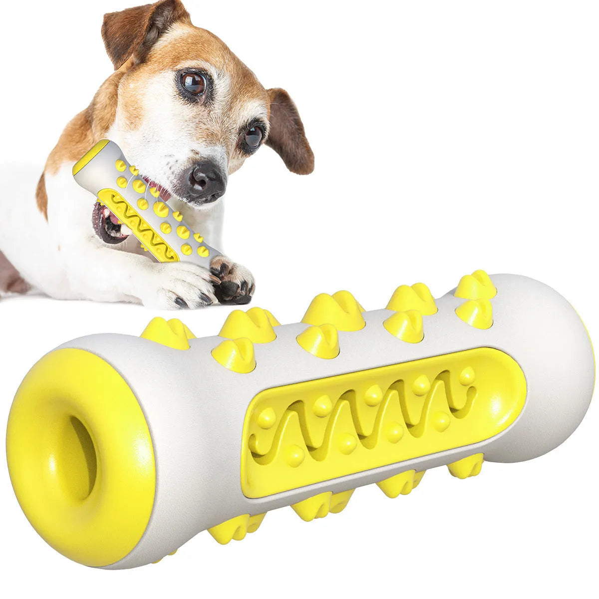 Natural rubber dog dental chew toy with textured cleaning surfaces, 15cm long, in blue colour