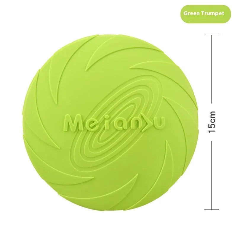 Dogs Base soft rubber dog frisbee toy in red, blue, and green colours shown in small, medium, and large sizes.