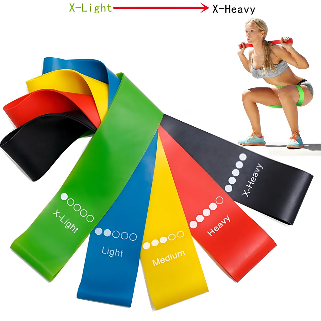 Set of five colour-coded yoga resistance straps in green, blue, yellow, red, and black on a gym mat.