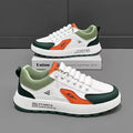 Men's white casual trainer with artificial PU upper and round toe, shown in orange, black, and brown trim colour options.