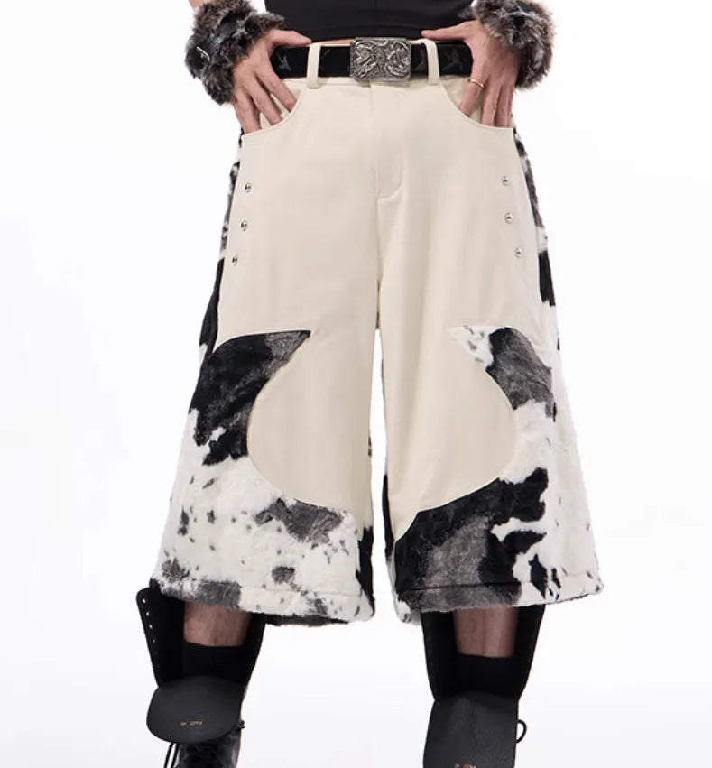 Cropped stitching milk fiber fur pants with checkered striped printed embroidered patterns in picture colour