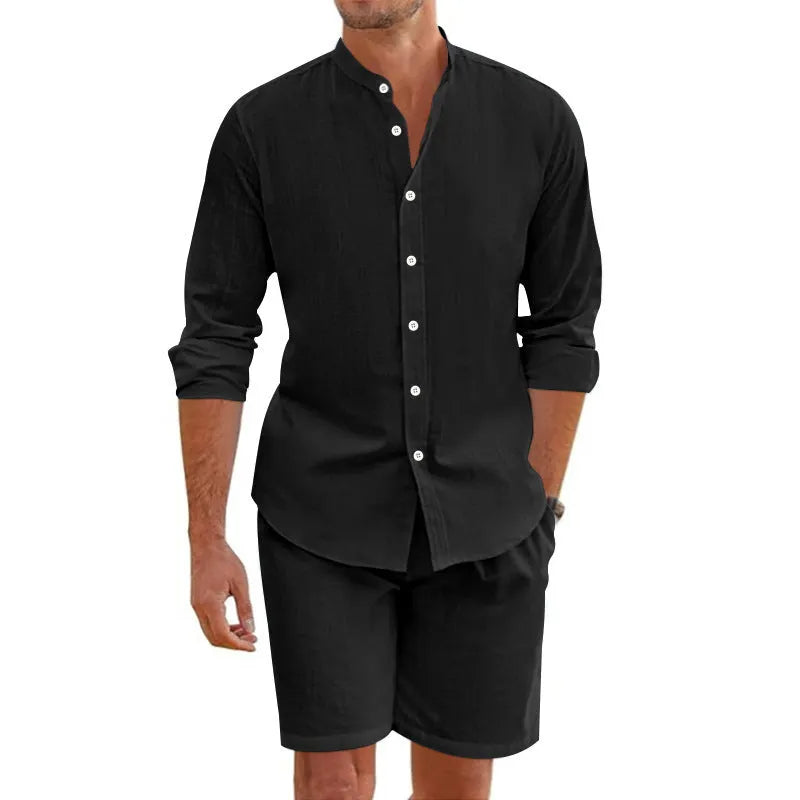 Men's dark grey hemp blend summer shirt suit with lapel button-down top and drawstring shorts