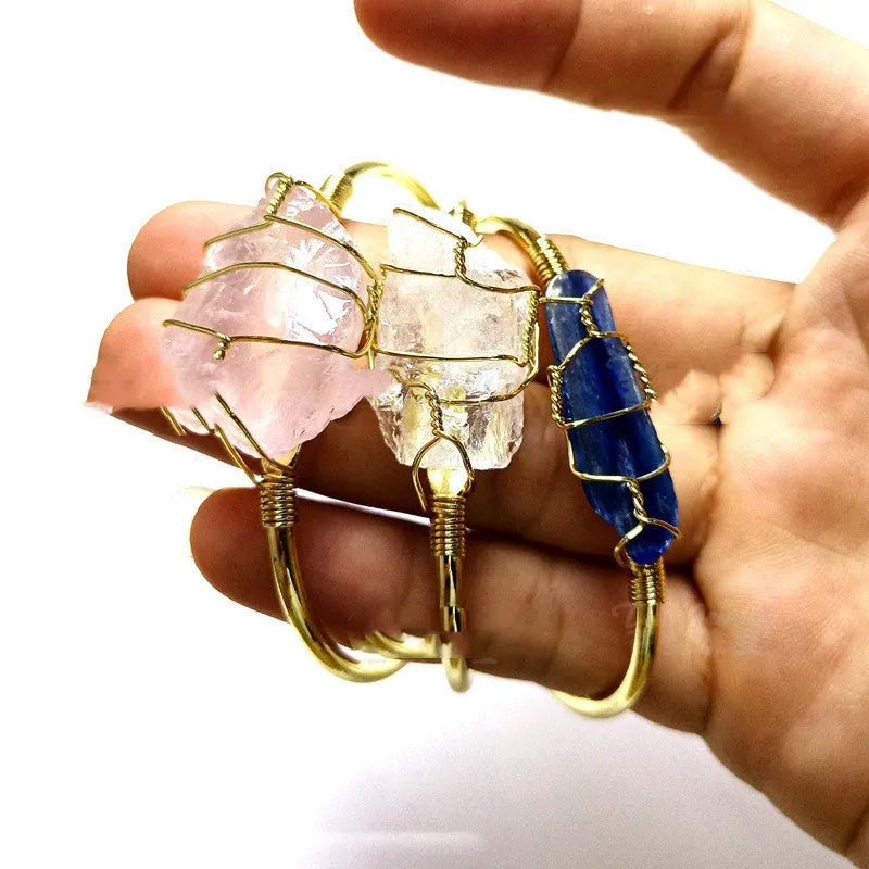 Unshaped natural crystal rough stone bracelet with gold winding geometric design and mixed colour stones