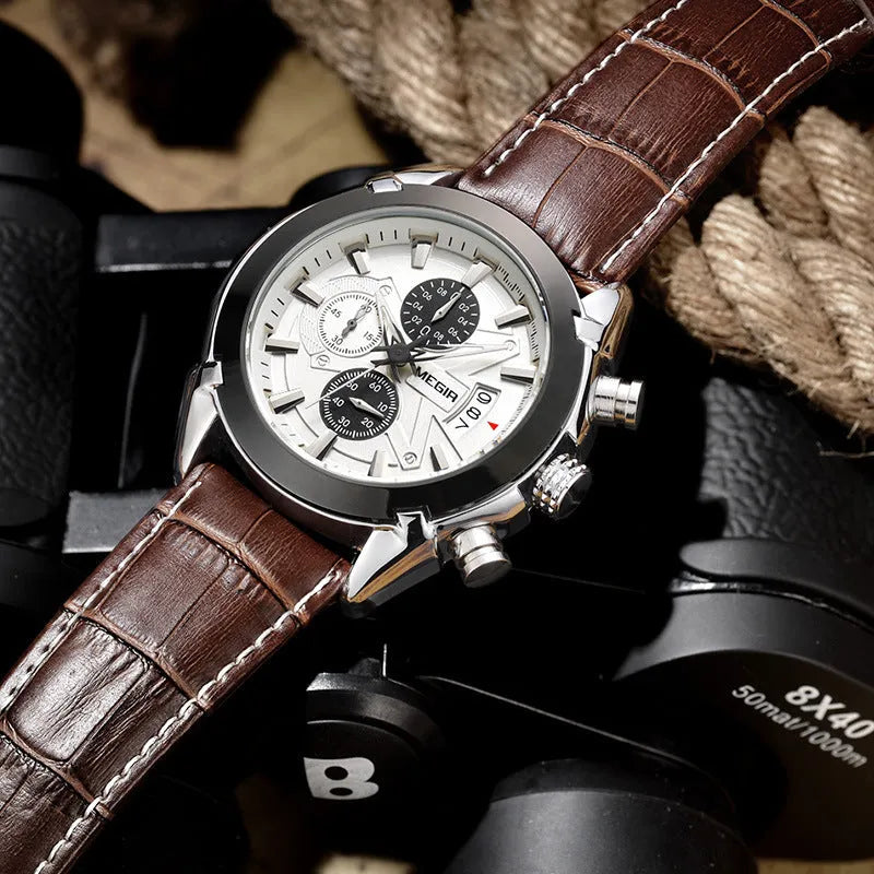 Men's casual chronograph watch showing three sub-dials and luminous hands on a black or brown dial.