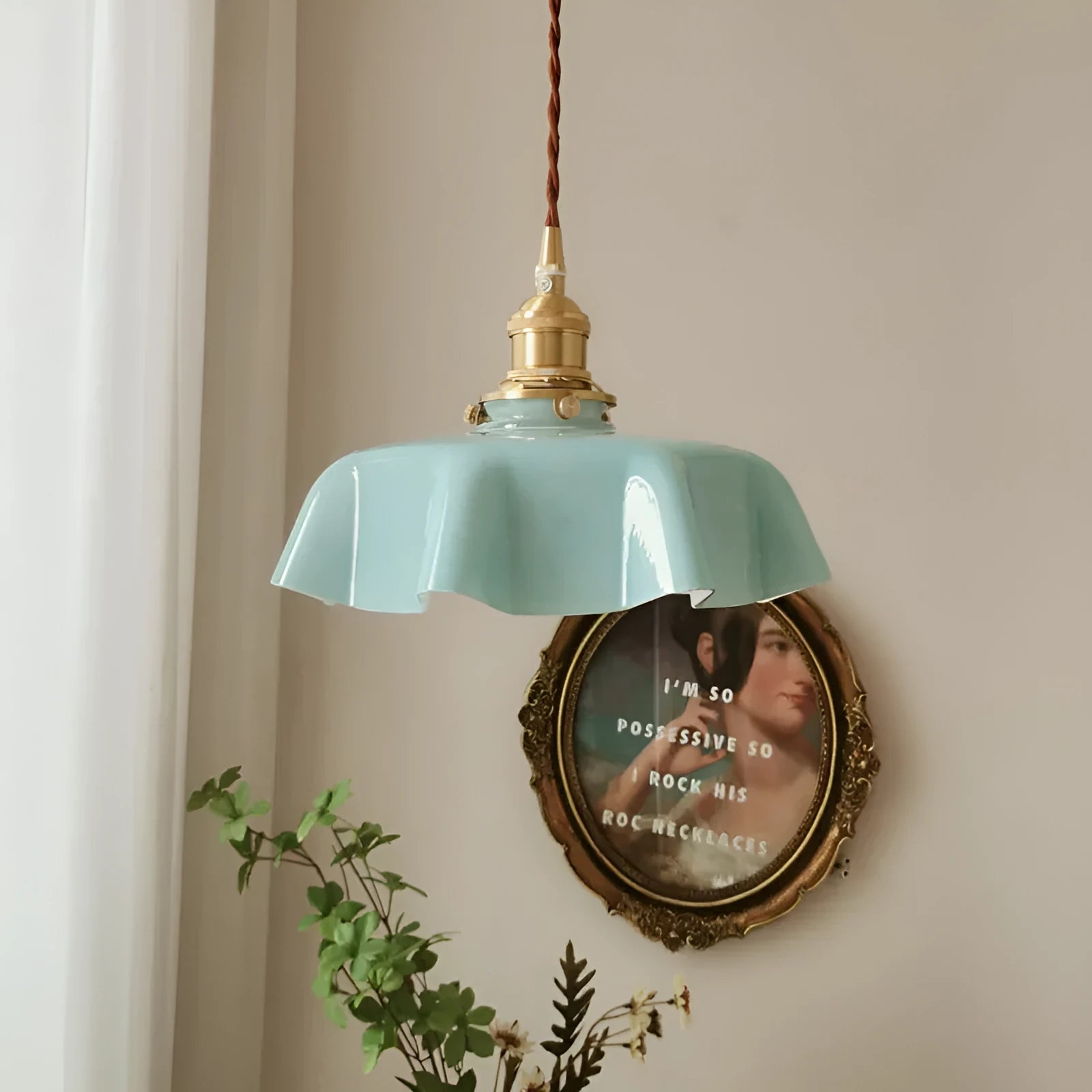 Brass medieval chandelier with glass flower buds, adjustable height, five light colour options