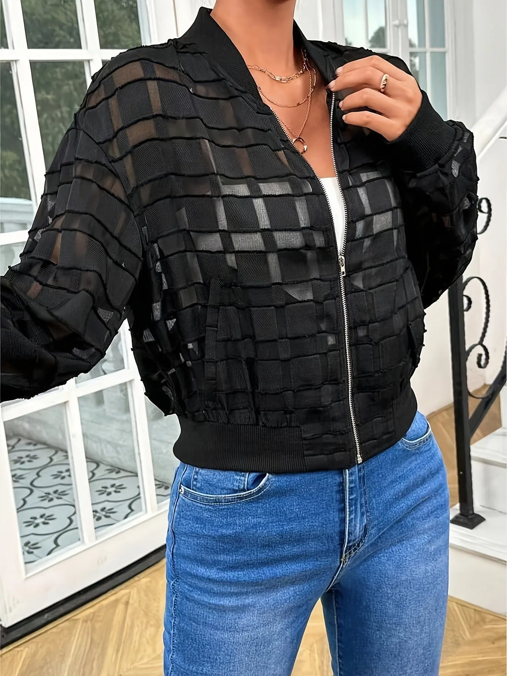 Women's black geometric pattern casual jacket with semi-transparent thread zipper and long sleeves