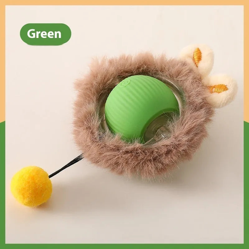 Silicone rolling ball cat toy in red, green, or grey colours, some variants with an attached rope.