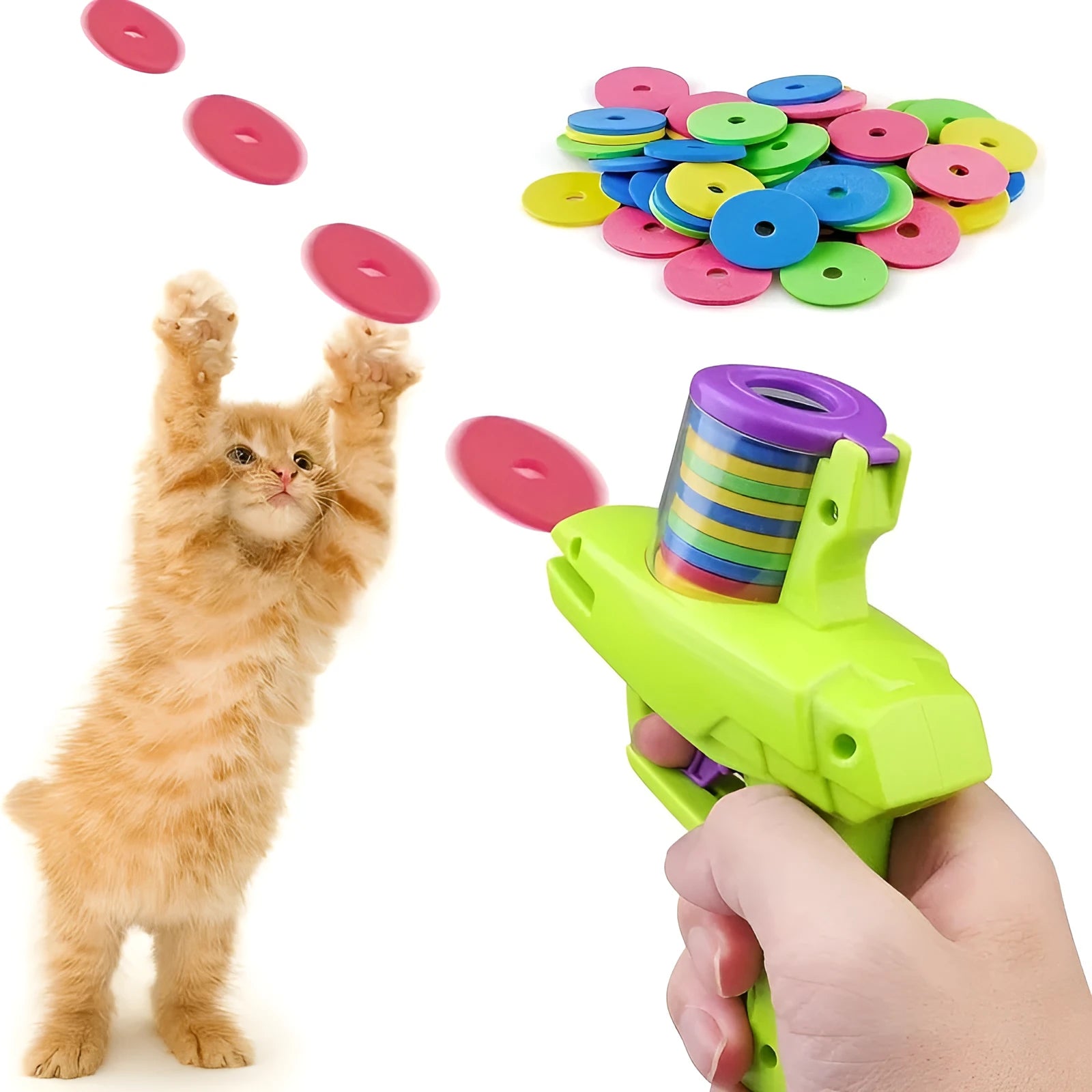 Battery-free interactive cat toy launcher with colourful foam discs on purple base