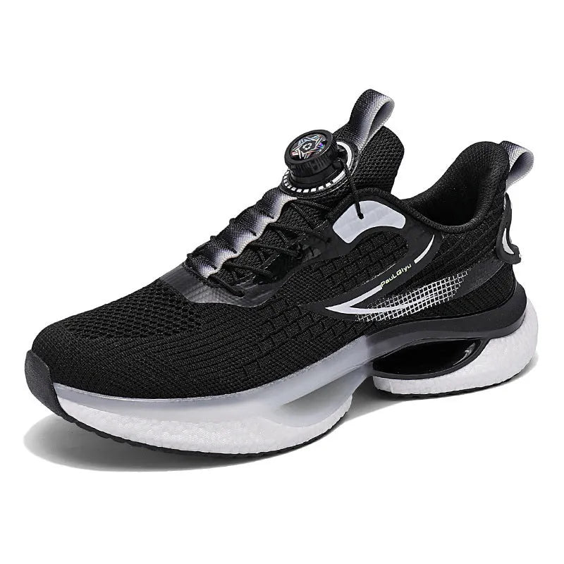Rotating button buckle running shoes in solid colour with fly-knit mesh upper and TPU sole
