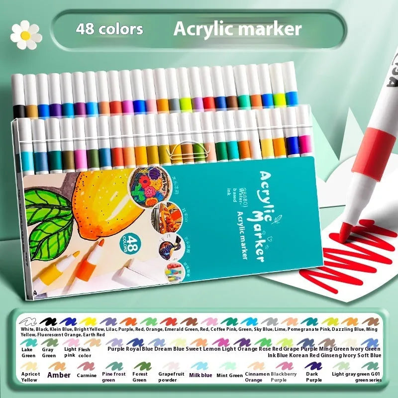 Set of acrylic marker pens with plastic barrels in multiple vibrant colours for student painting projects