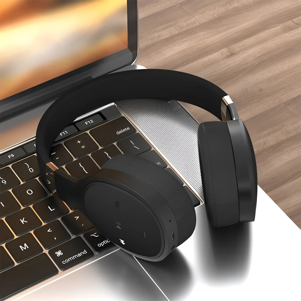 Folding wireless sports headset in four colour options showing Bluetooth connectivity and compact design