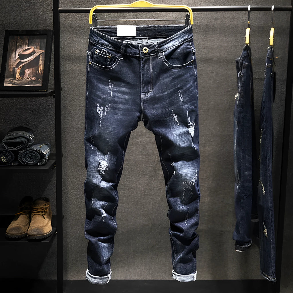 Men's slim-fitting skinny jeans in dark blue and light blue with micro-elastic denim fabric