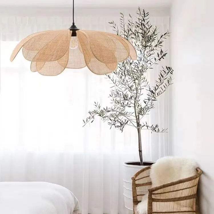 Creative handmade rattan petal chandelier natural bamboo ceiling lamp diameter 60cm with soft LED lighting