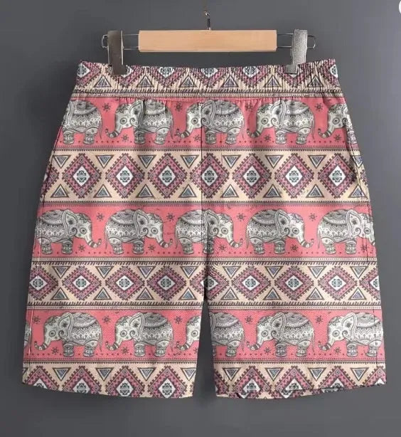 Men's casual polyester shorts in camouflage pattern, laid flat showing waistband and leg.