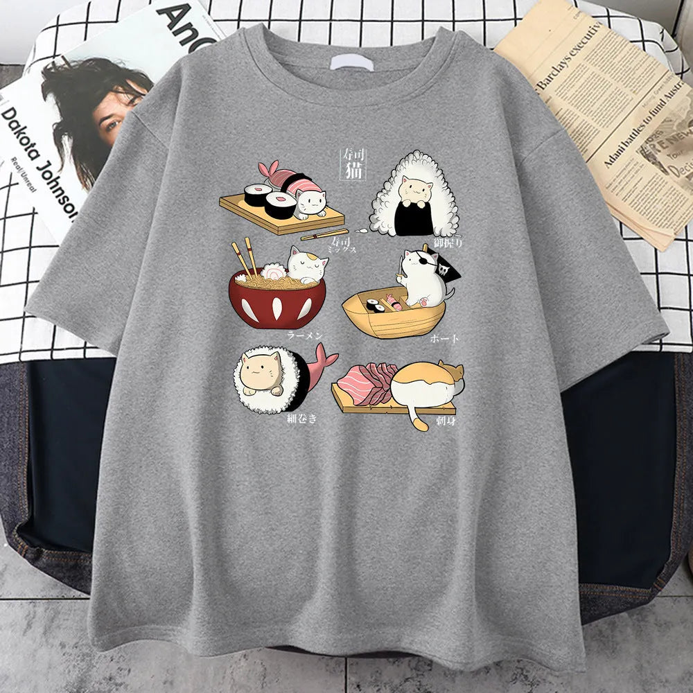 Men's loose fit cotton T-shirt with cat sushi cartoon print in multiple colour options