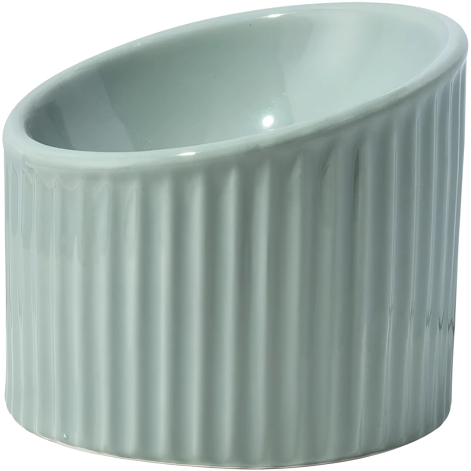 Dark green ceramic elevated cat bowl with tilted design on a wooden surface.