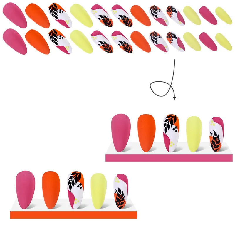 Wear Armour frosted finish nail stickers in medium almond shape showing four designs: French leaves, colourful plating, macarons, and leopard print.