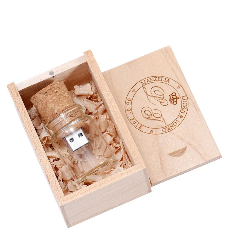 Personalised wooden drift bottle shaped USB flash drive with chocolate brown finish