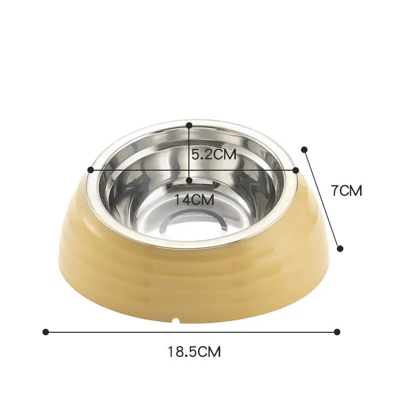 Stainless steel cat bowl on a plastic stand in light green, beige, or brown colour.