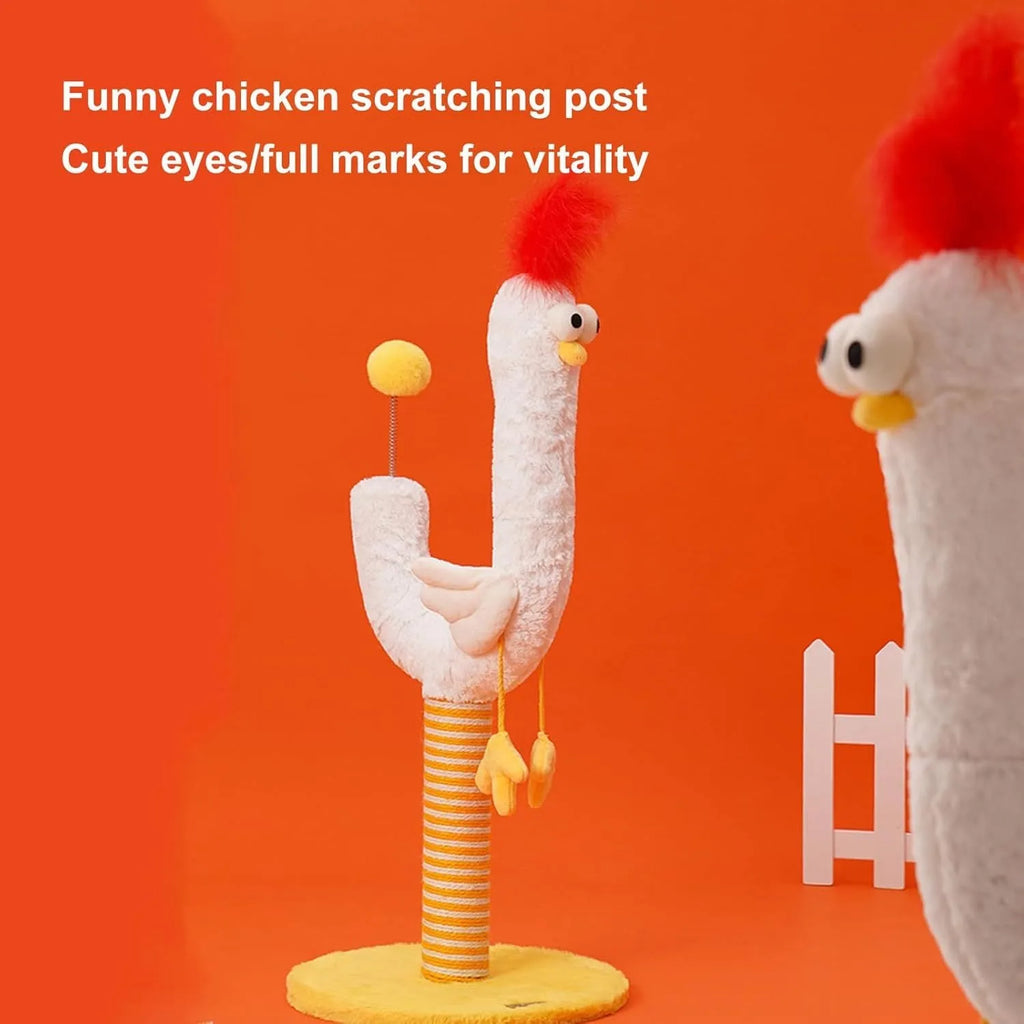 Yellow sisal vertical cat scratching post with chicken strip design and spring ball, 35cm wide and 88cm tall.