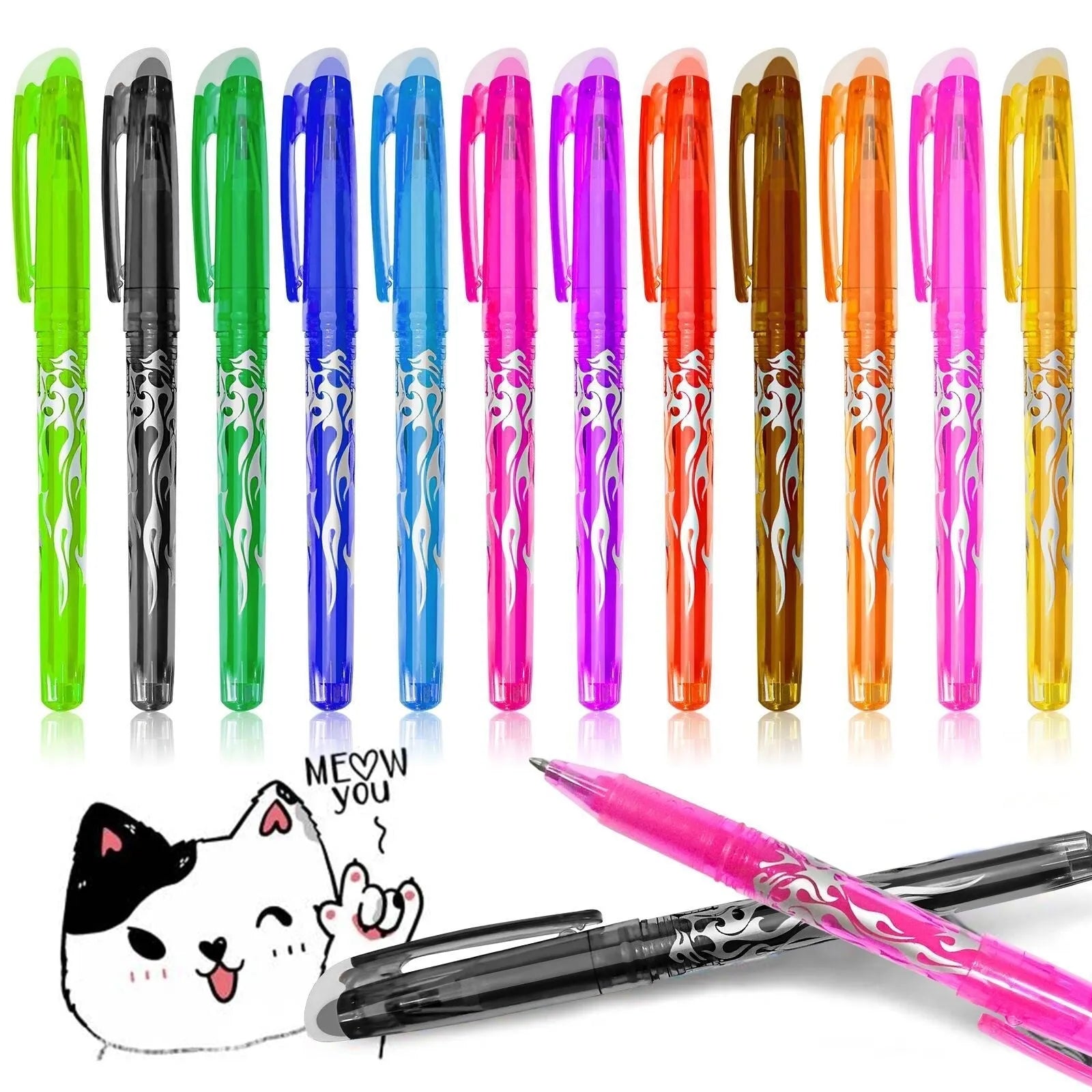 Heat-erasable gel pen with stainless steel nib in multiple colours showing 0.5mm and 0.7mm options