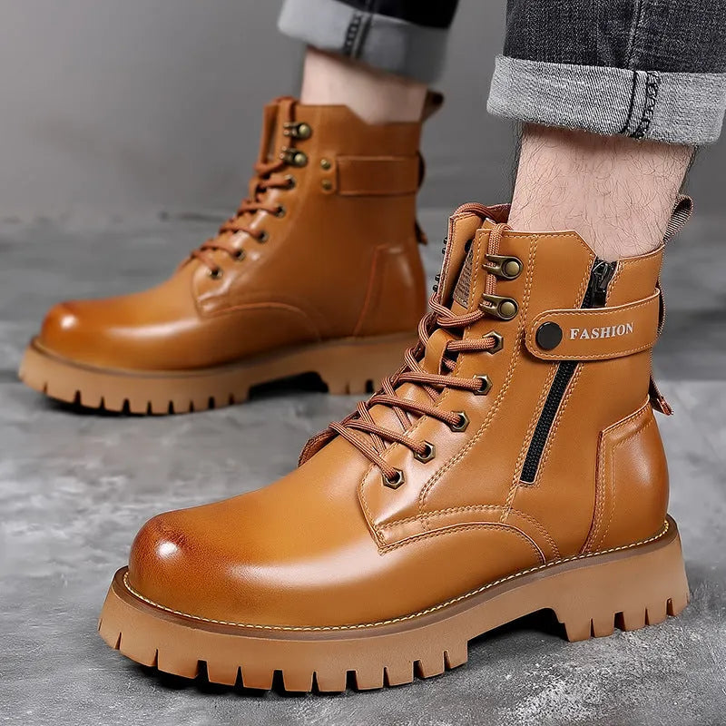 Men's leather Martin boots with thick rubber soles and side zipper closure