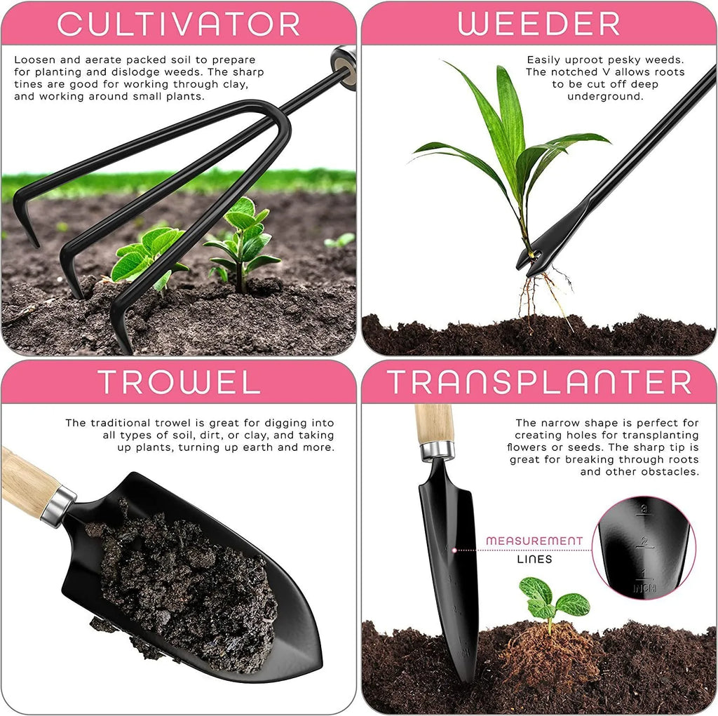 Stainless steel gardening tool set with eight pieces including trowel and cultivator