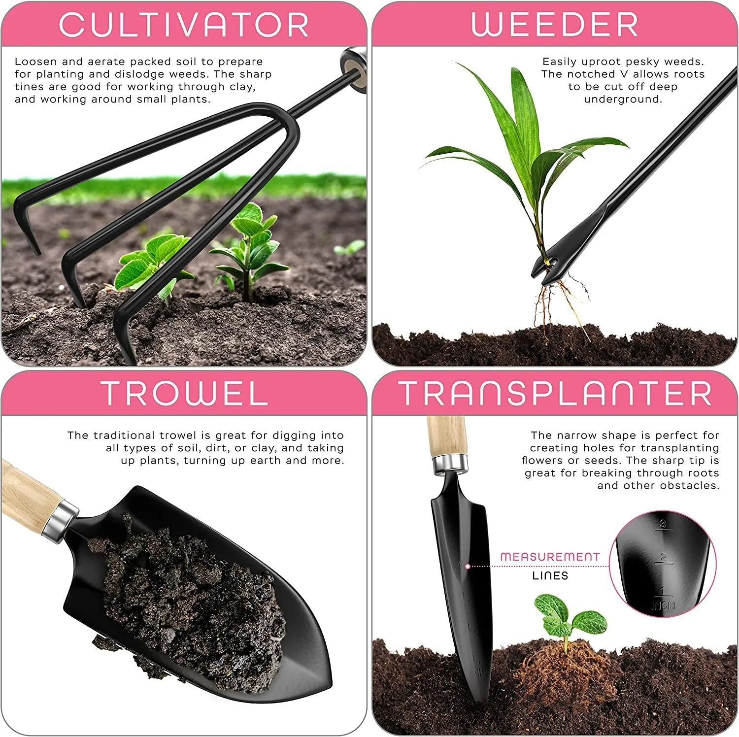 Stainless steel gardening tool set with eight pieces including trowel and cultivator
