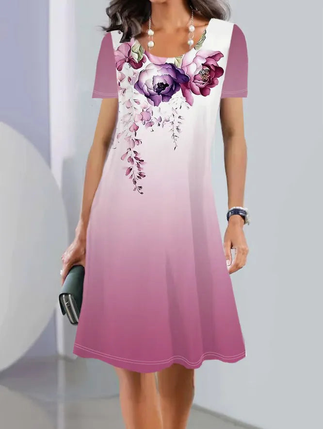 Fresh sweet style A-line mid-length dress with painted plants and flowers pattern on ice silk fabric