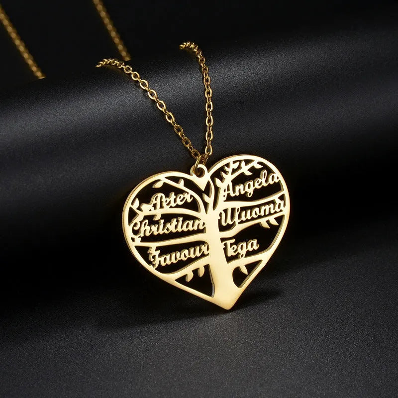 Custom stainless steel name necklace with family tree and hollow heart pendant in gold, silver, or rose gold.