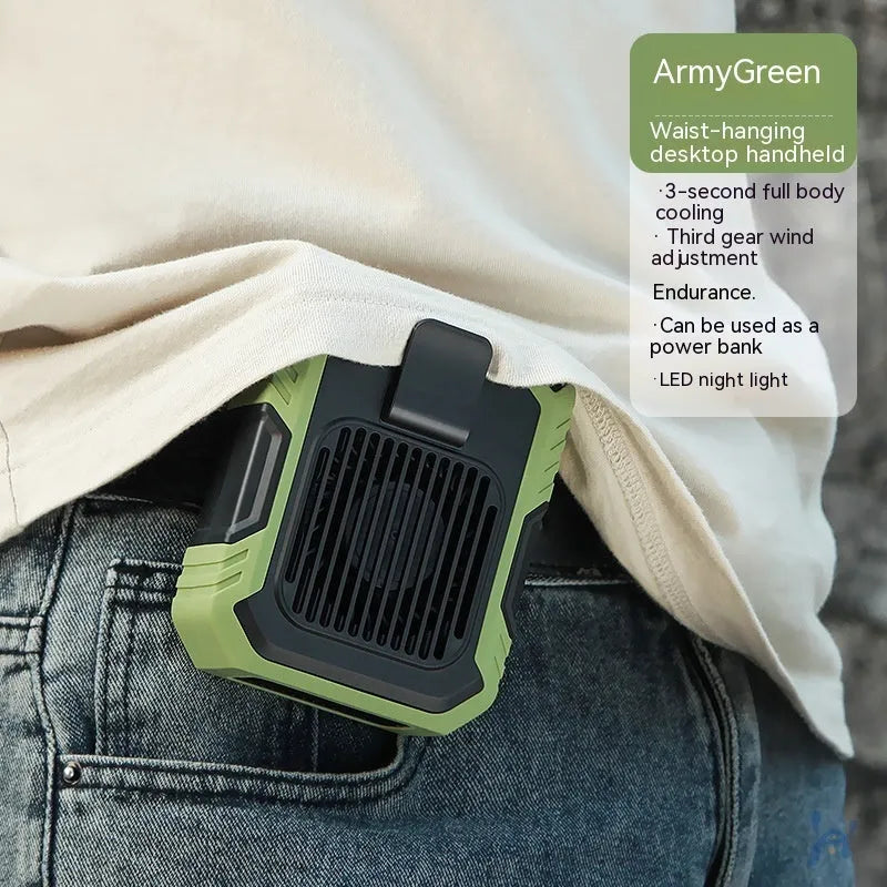 Green wrist hanging personal fan with light and USB charging port, shown with silicone neck strap.