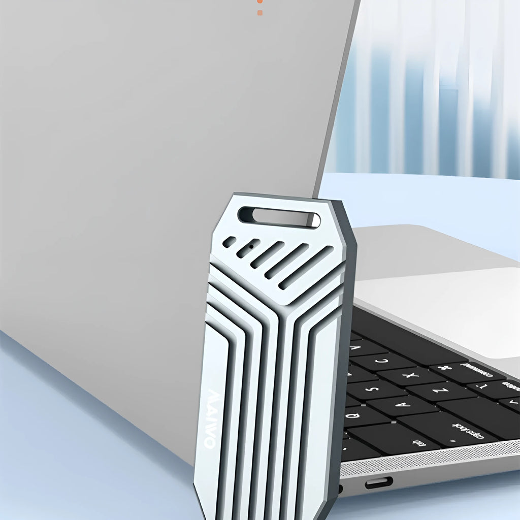 Aluminium Thunderbolt 4 external M.2 SSD enclosure in grey and silver finishes on a colour box.