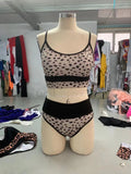Women's high waist split bikini swimsuit two-piece set in white or leopard print colour