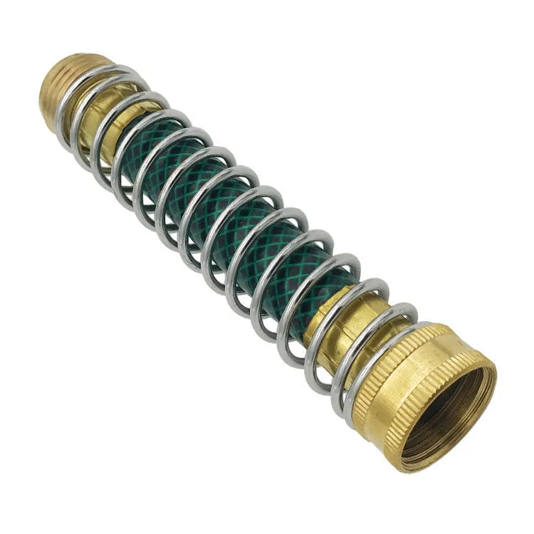 Brass garden spring hose connector with spiral spring, 15cm long with 3/4 inch threads.