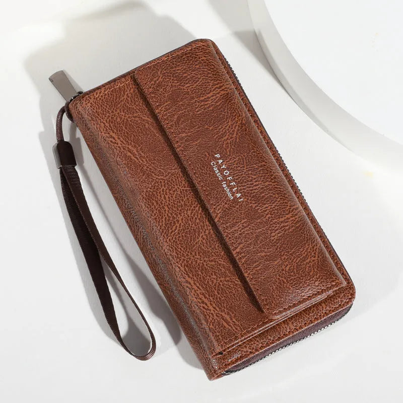 Men's black PU leather wallet with multiple card slots showing interior organisation