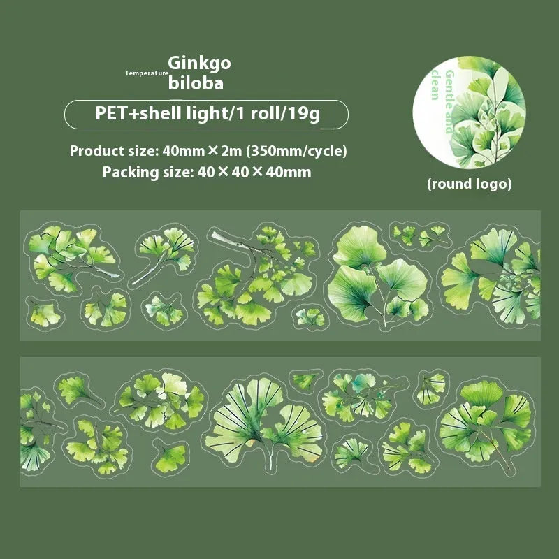 Roll of Deciduous Poetry Series 40mm wide decorative PET stickers showing six leaf designs including ginkgo and maple.