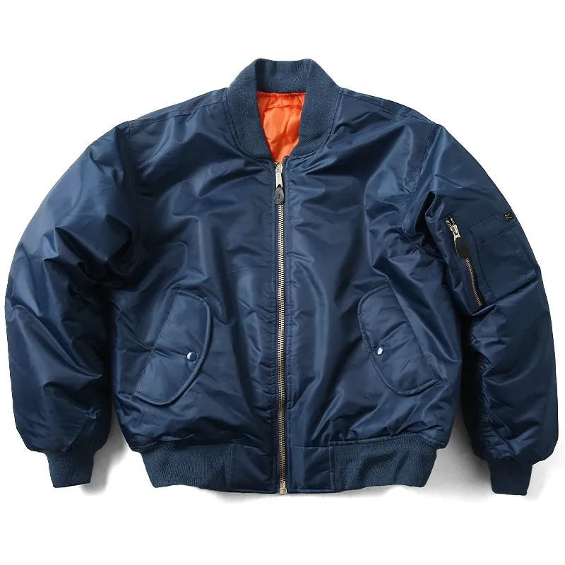 Men's loose fit cotton-padded nylon pilot jacket in army green on a hanger.
