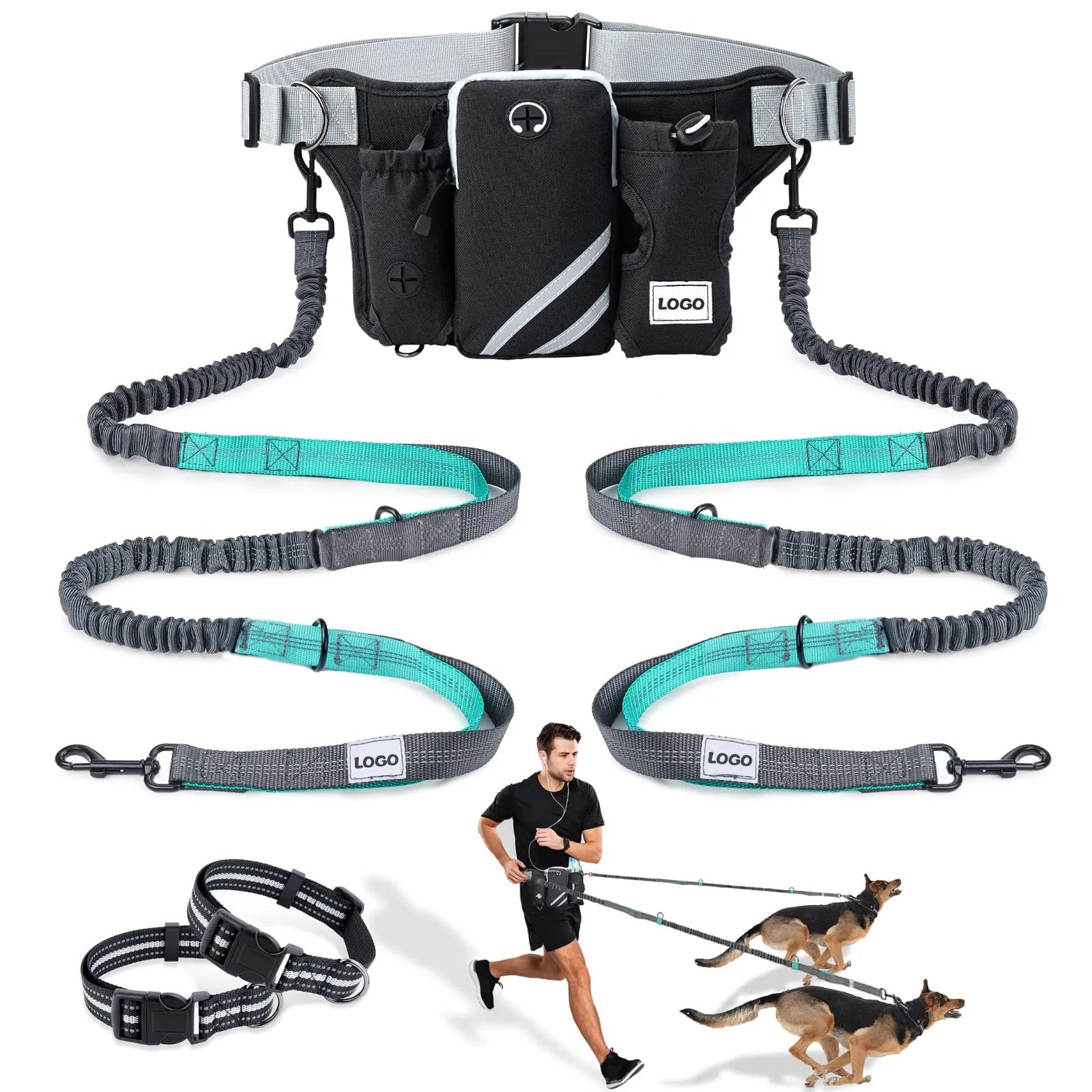 Black nylon outdoor dog walking set showing a waist bag and a hand-holding leash with collar attachment.
