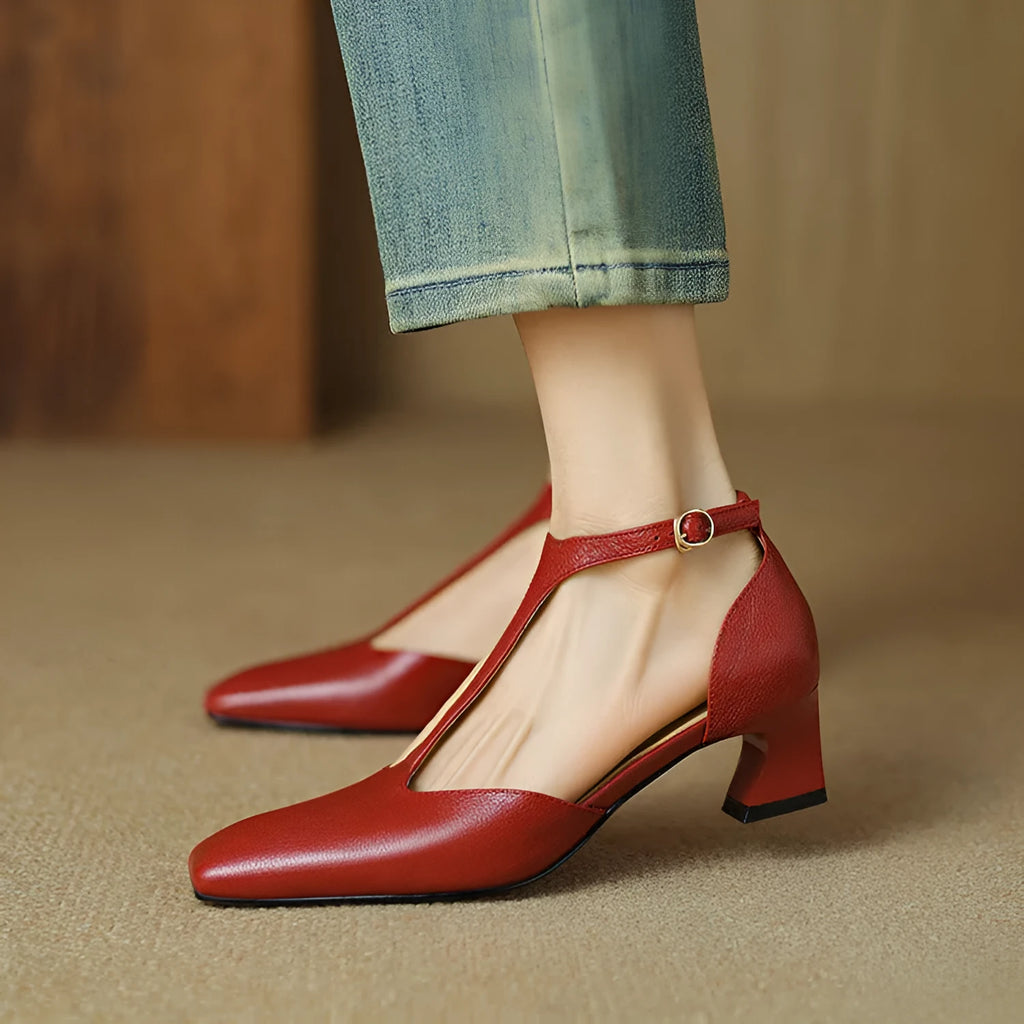 Wine red retro square toe chunky heel sheepskin leather shoes with buckle fastening