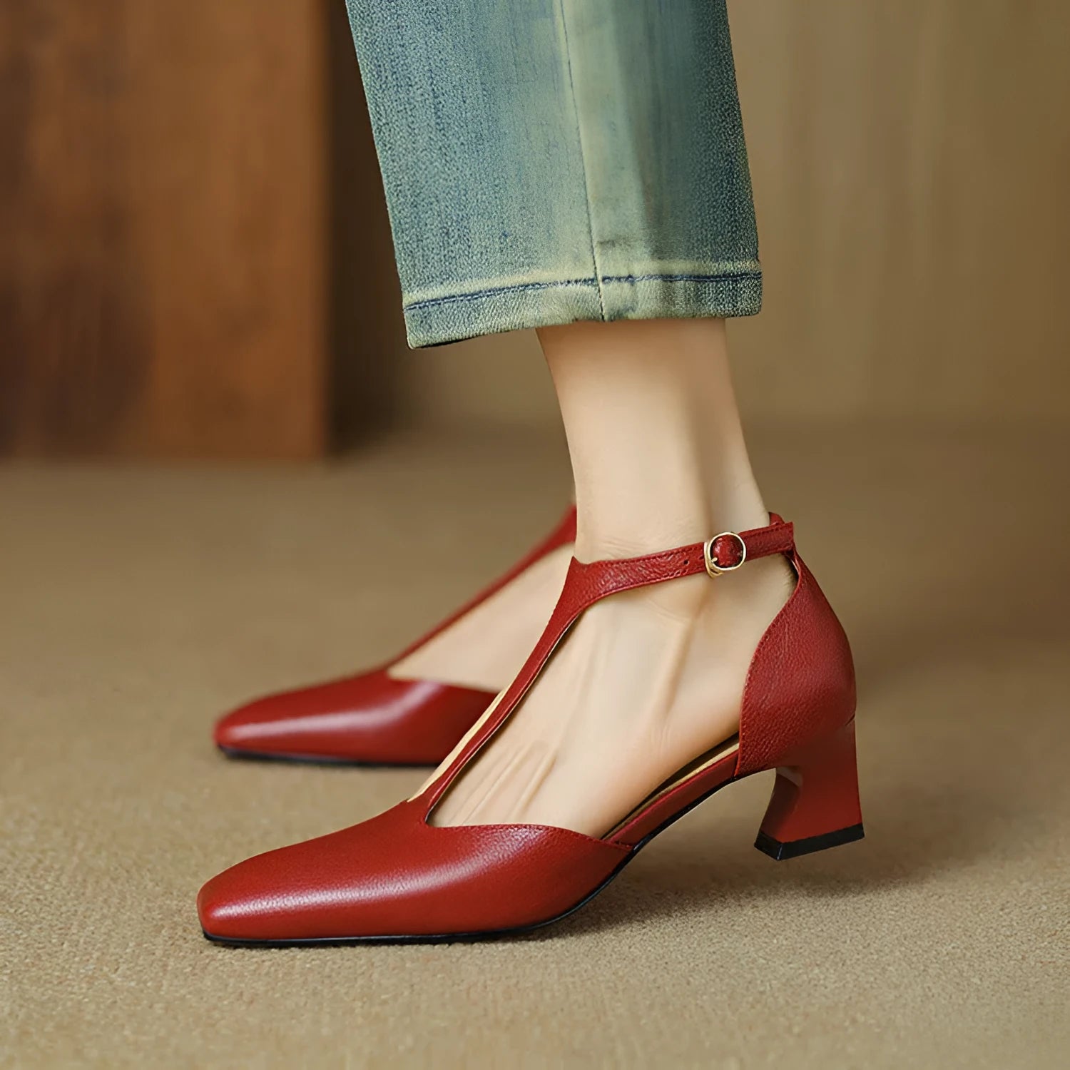 Wine red retro square toe chunky heel sheepskin leather shoes with buckle fastening