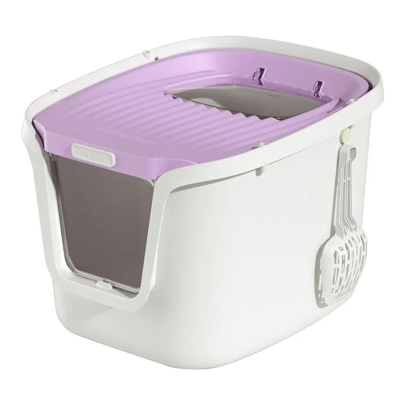 Fully enclosed splash-proof cat litter basin in grey with rolling tail top-in design and included accessories