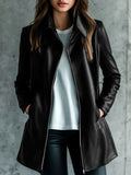 Black polyester leather jacket for women, medium length 65cm with long sleeves.