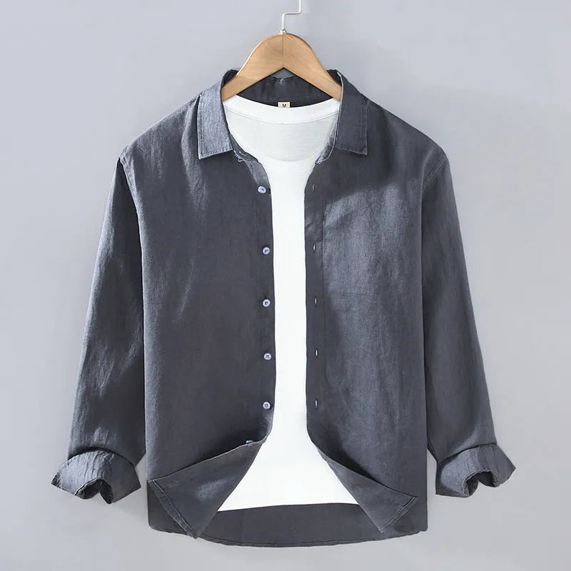 Men's linen shirt in solid colour with cardigan styling and long sleeves