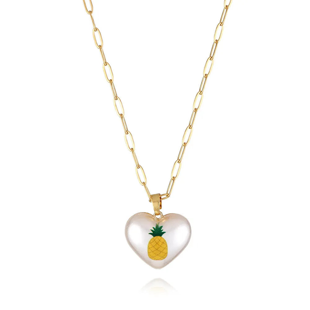 Geometric heart fruit pendant necklace with adjustable chain showing strawberry, pineapple, apple designs
