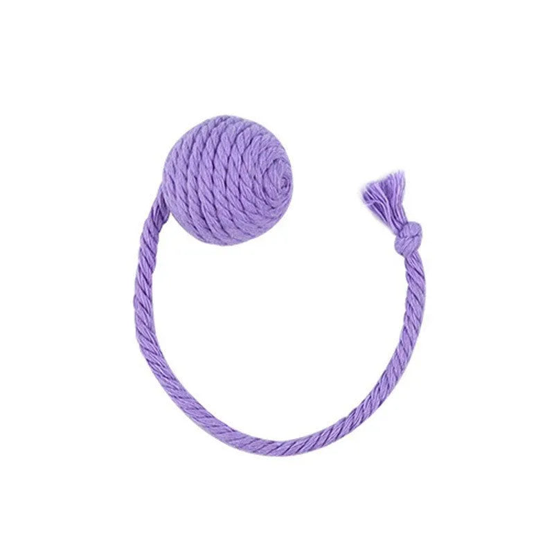 Cat toy ball with rope and bell in green, pink, purple, or yellow colour, small 3cm or medium 6cm size