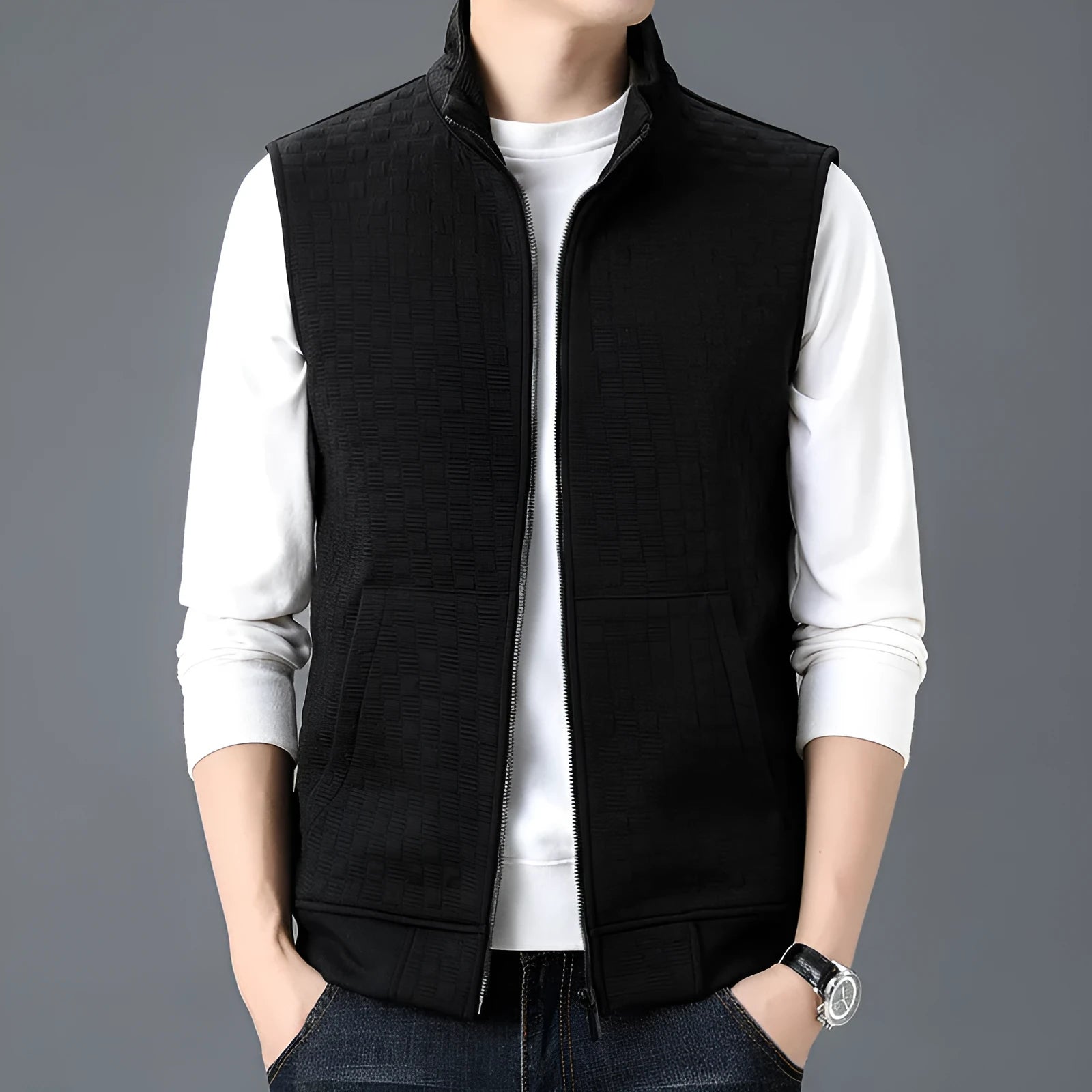 Men's casual sleeveless vest waistcoat in a cardigan style, shown in black, brown, khaki, or grey.