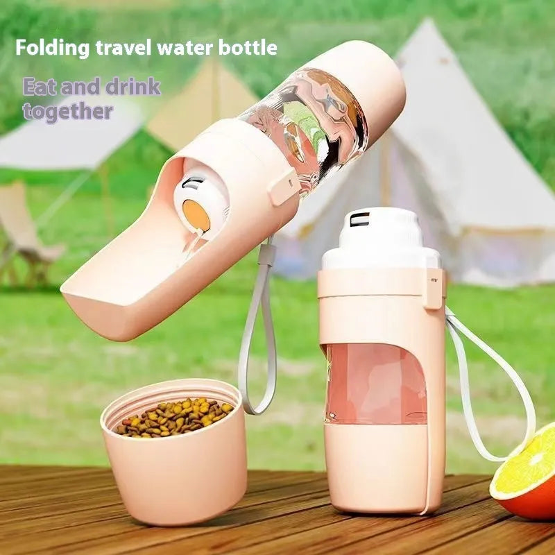 Portable pet water bottle feeder with lanyard showing grey colour option and drinking cup